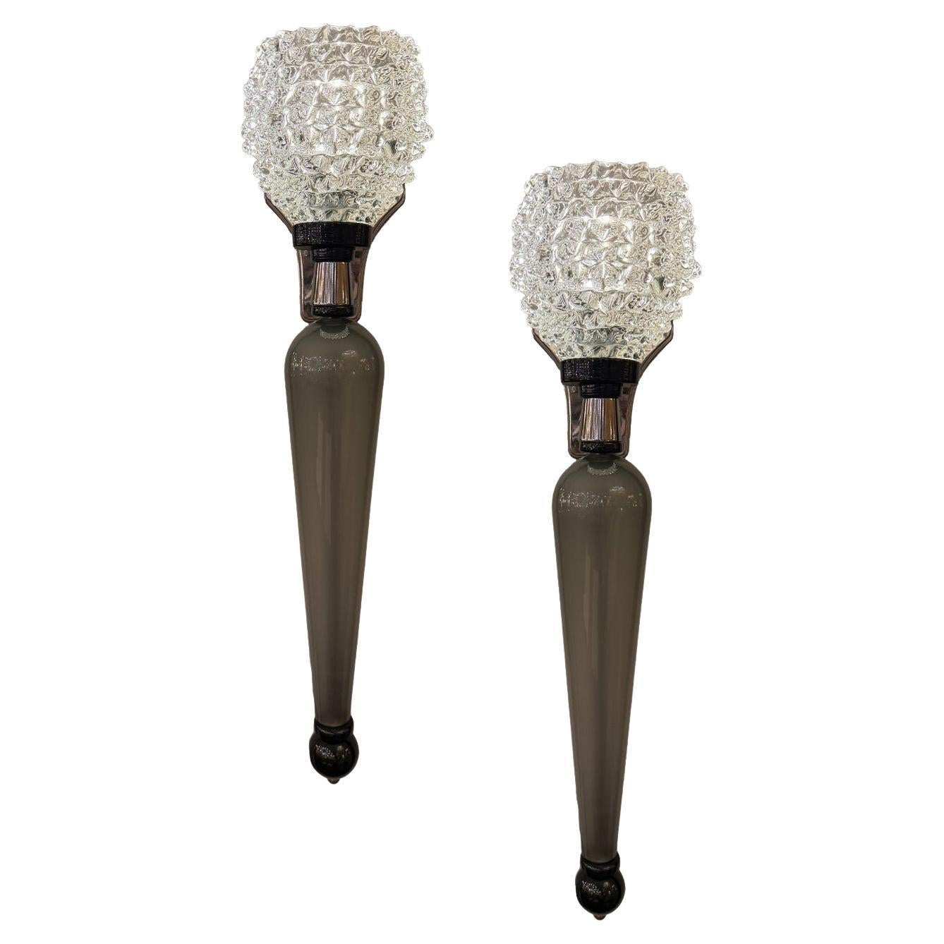 Coppia di lampade in vetro di Murano grigio in vendita