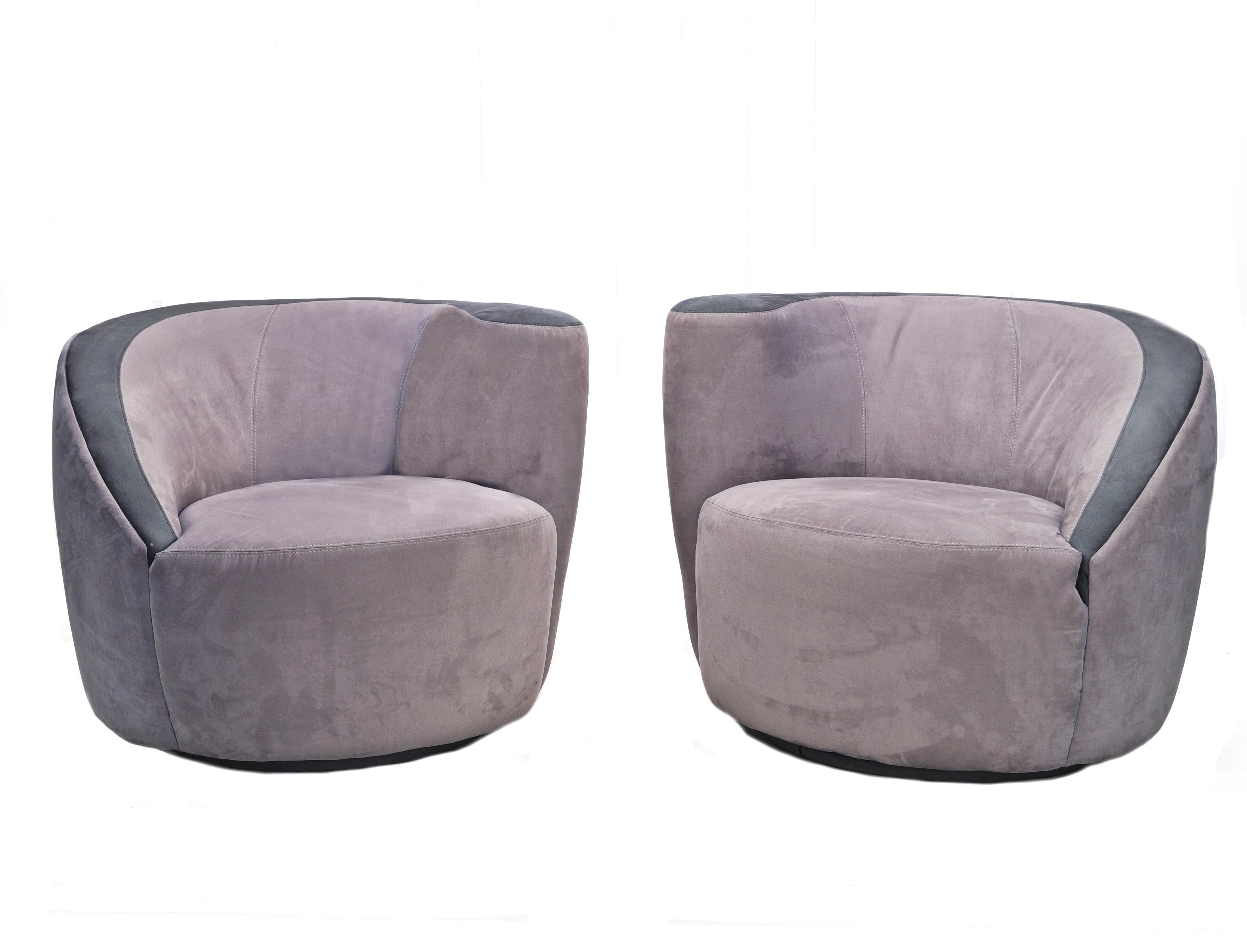 Pair of grey nautilus swivel club chairs attributed to directional.

If you are in the New Jersey, New York City Metro Area, please contact us with your delivery zipcode, as we may be able to deliver curbside for less than the calculated White Glove