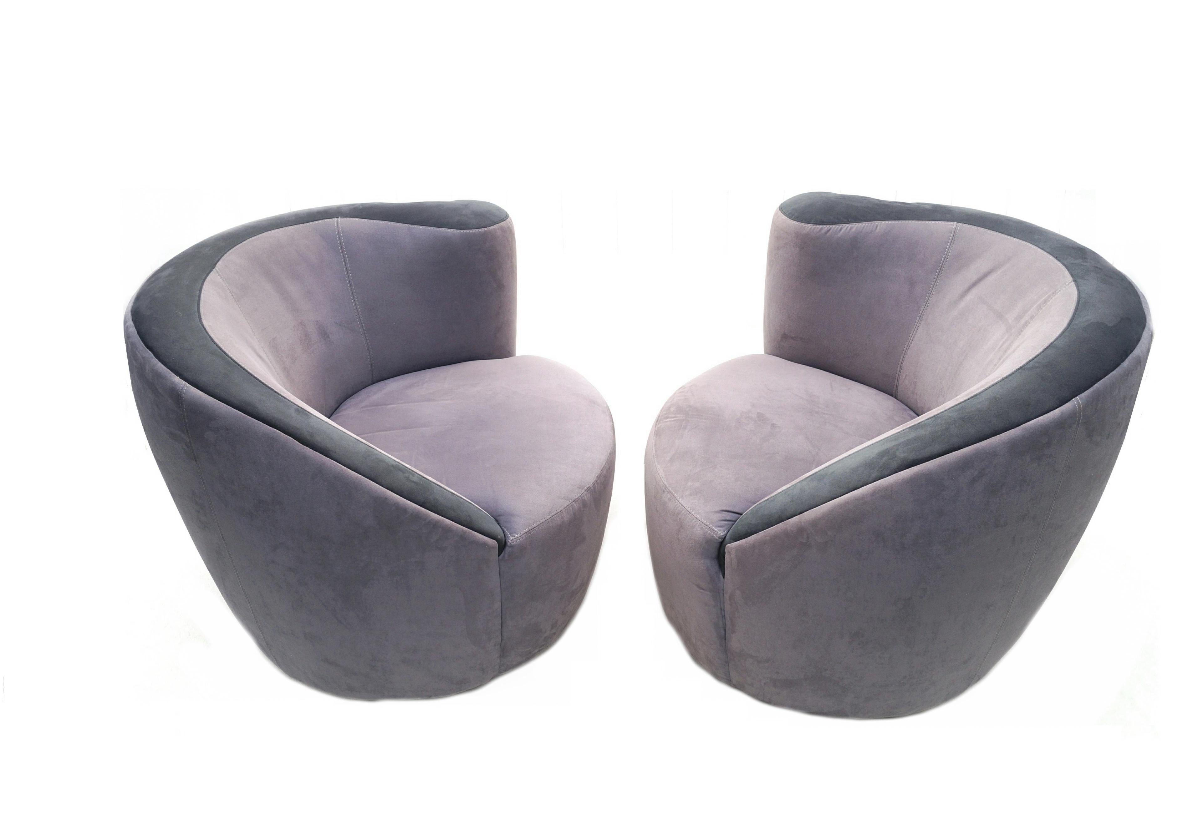 American Pair of Grey Nautilus Swivel Club Corkscrew Chairs Attributed to Directional For Sale
