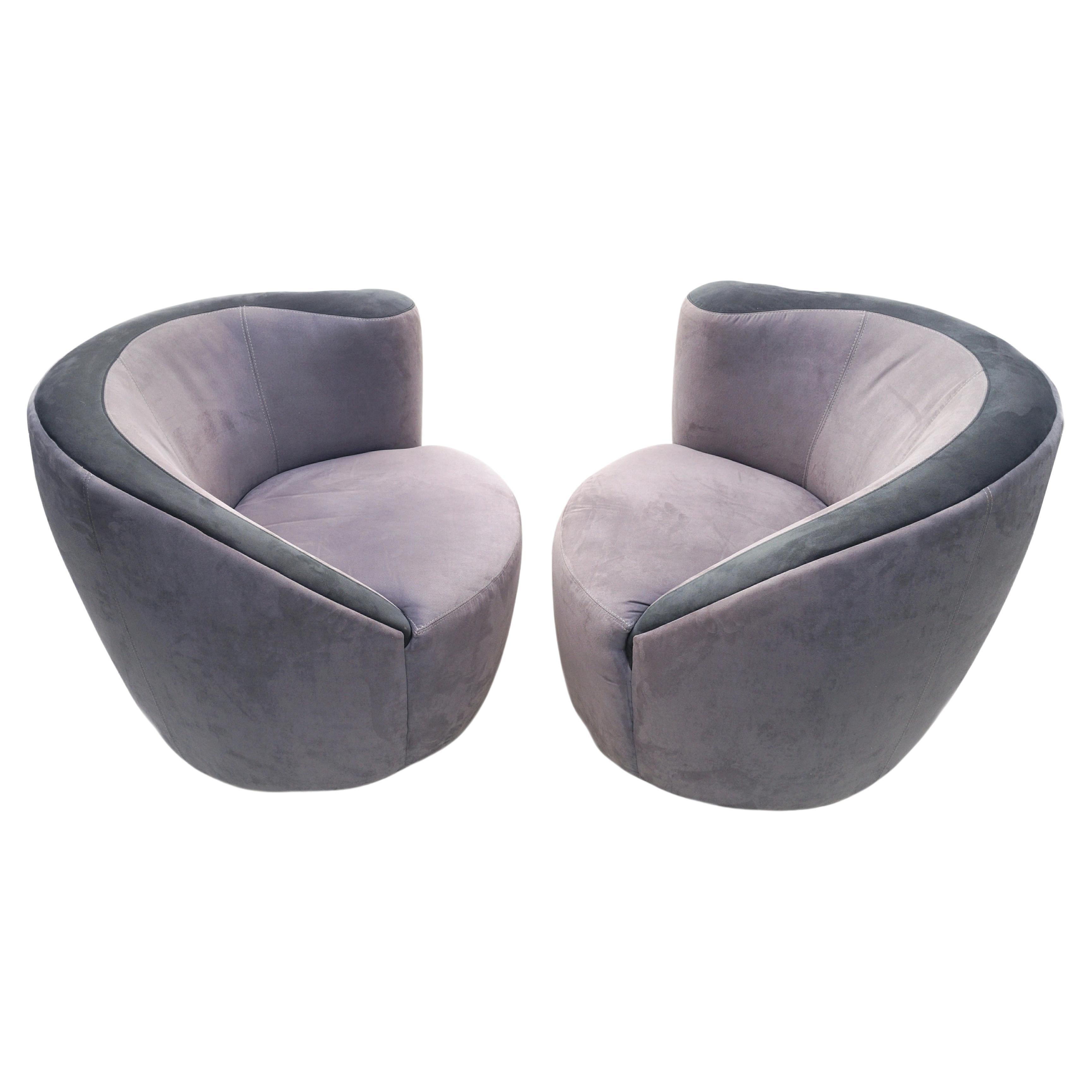 Pair of Grey Nautilus Swivel Club Corkscrew Chairs Attributed to Directional