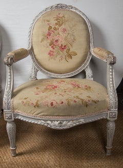 Pair of Grey Painted, 19th C. Louis XVI Style Open Armchairs or Fauteuils