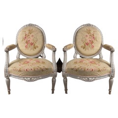 Pair of Grey Painted, 19th C. Louis XVI Style Open Armchairs or Fauteuils
