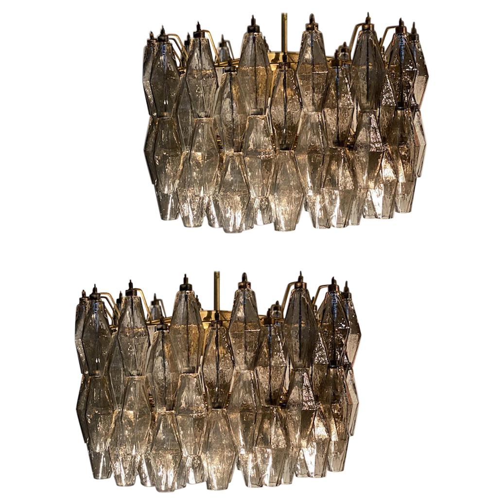 Pair of Grey Poliedri Murano Glass Chandeliers in Carlo Scarpa Style For Sale 6