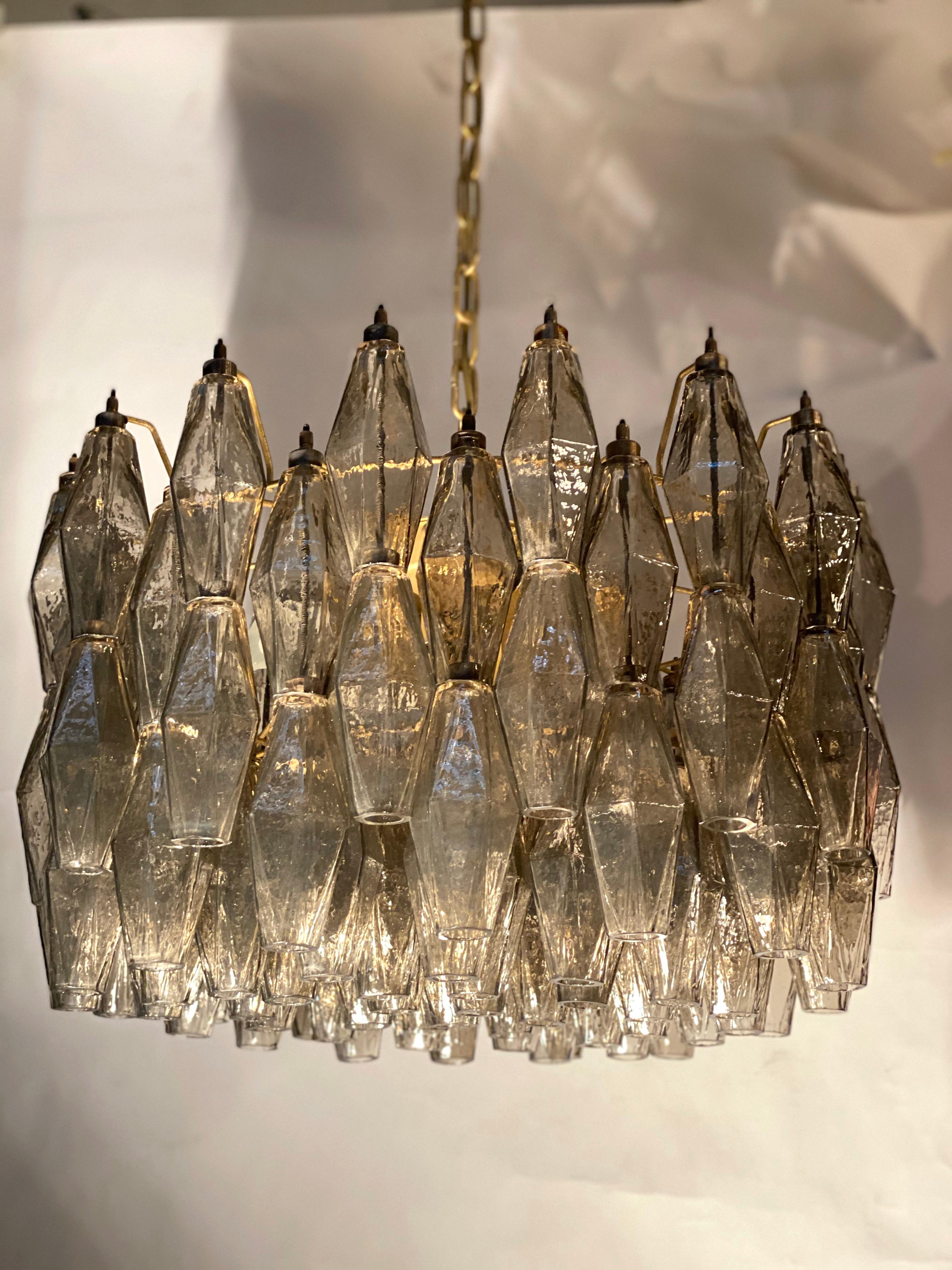 Italian Pair of Grey Poliedri Murano Glass Chandeliers in Carlo Scarpa Style