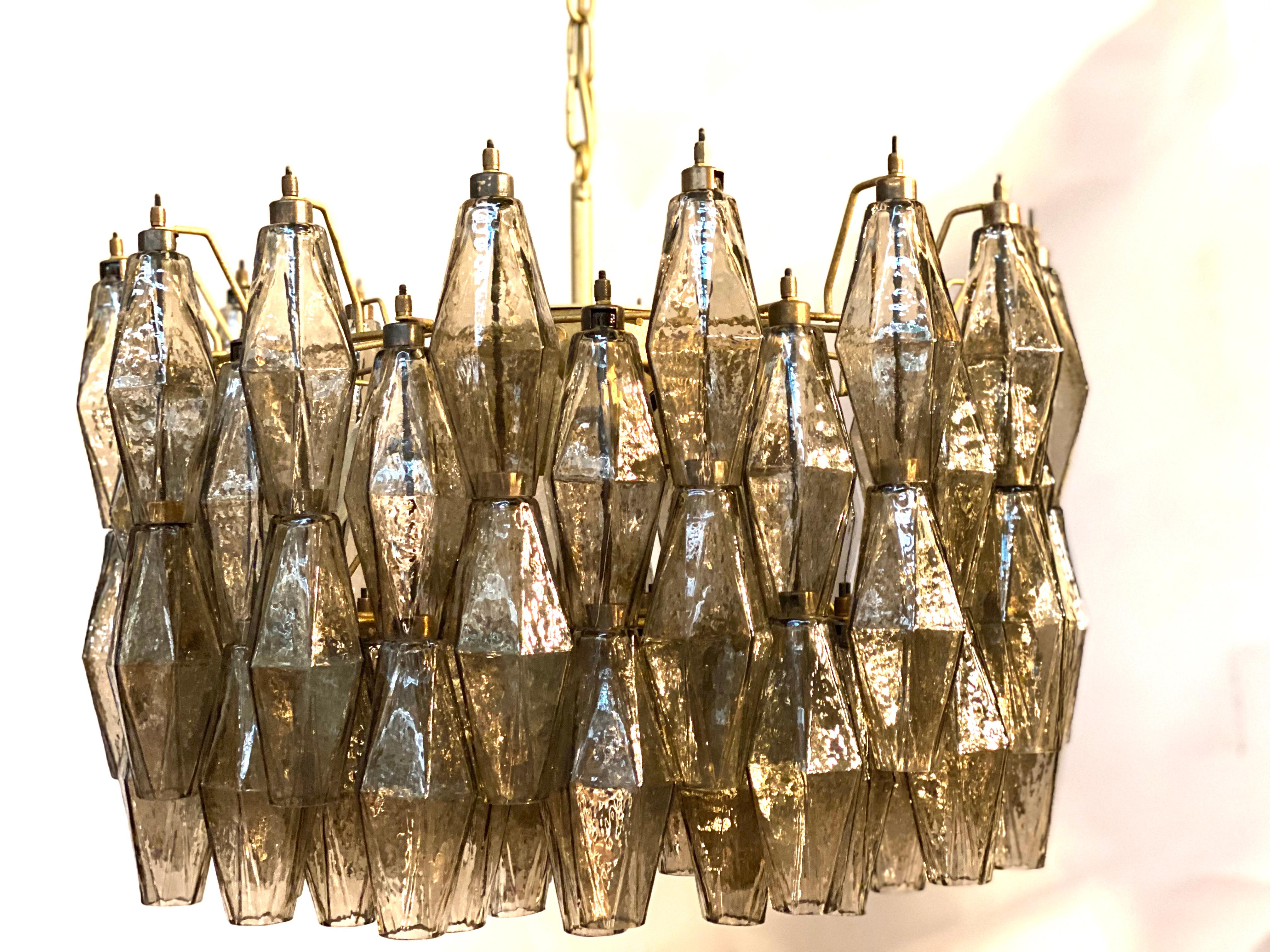 Pair of Grey Poliedri Murano Glass Chandeliers in Carlo Scarpa Style For Sale 3