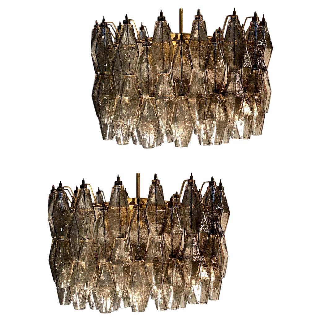 Pair of Grey Poliedri Murano Glass Chandeliers in Carlo Scarpa Style For Sale