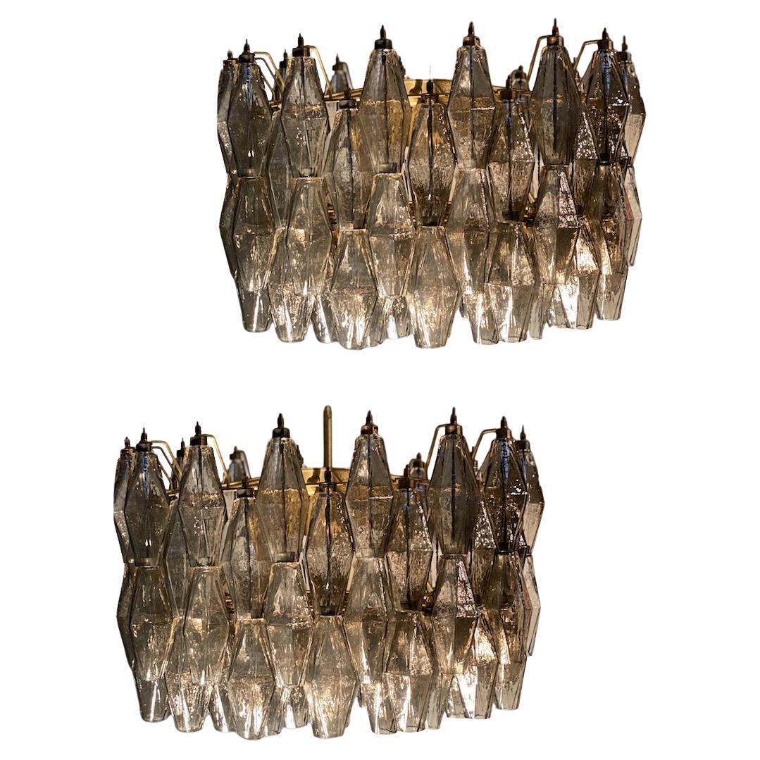 Paire de lustres en verre de Murano Poliedri gris de style Carlo Scarpa