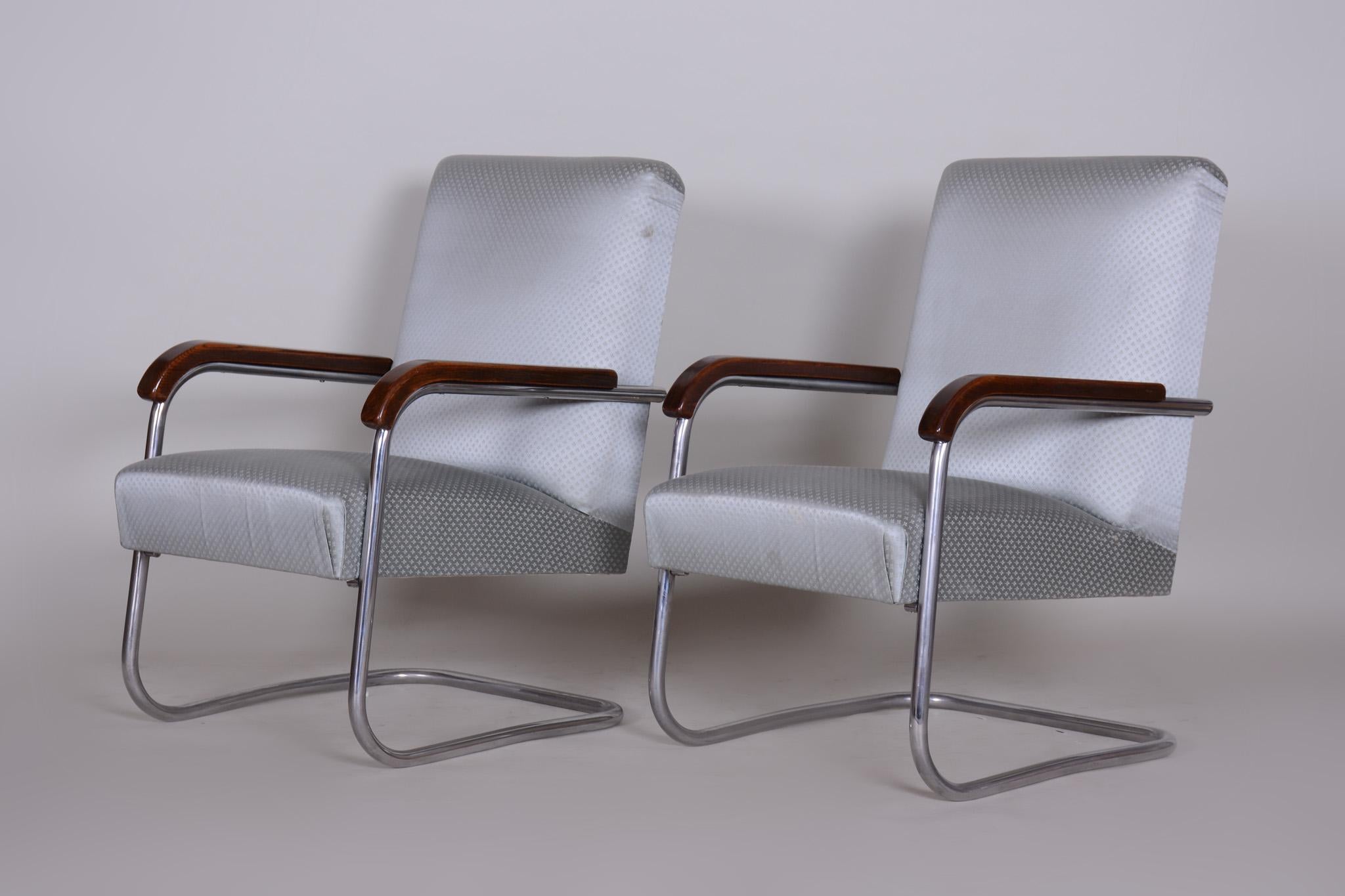 Czech Pair of Grey Restored Tubular Thonet Armchairs by Anton Lorenz, 1930s For Sale