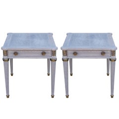 Vintage Pair of Grey Stained Hollywood Regency Weiman End Tables with Brass Detailing