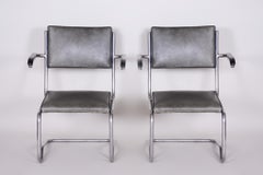 Pair of Grey Tubular Gottwald Armchairs by Ladislav Žák, New Leather Upholstery