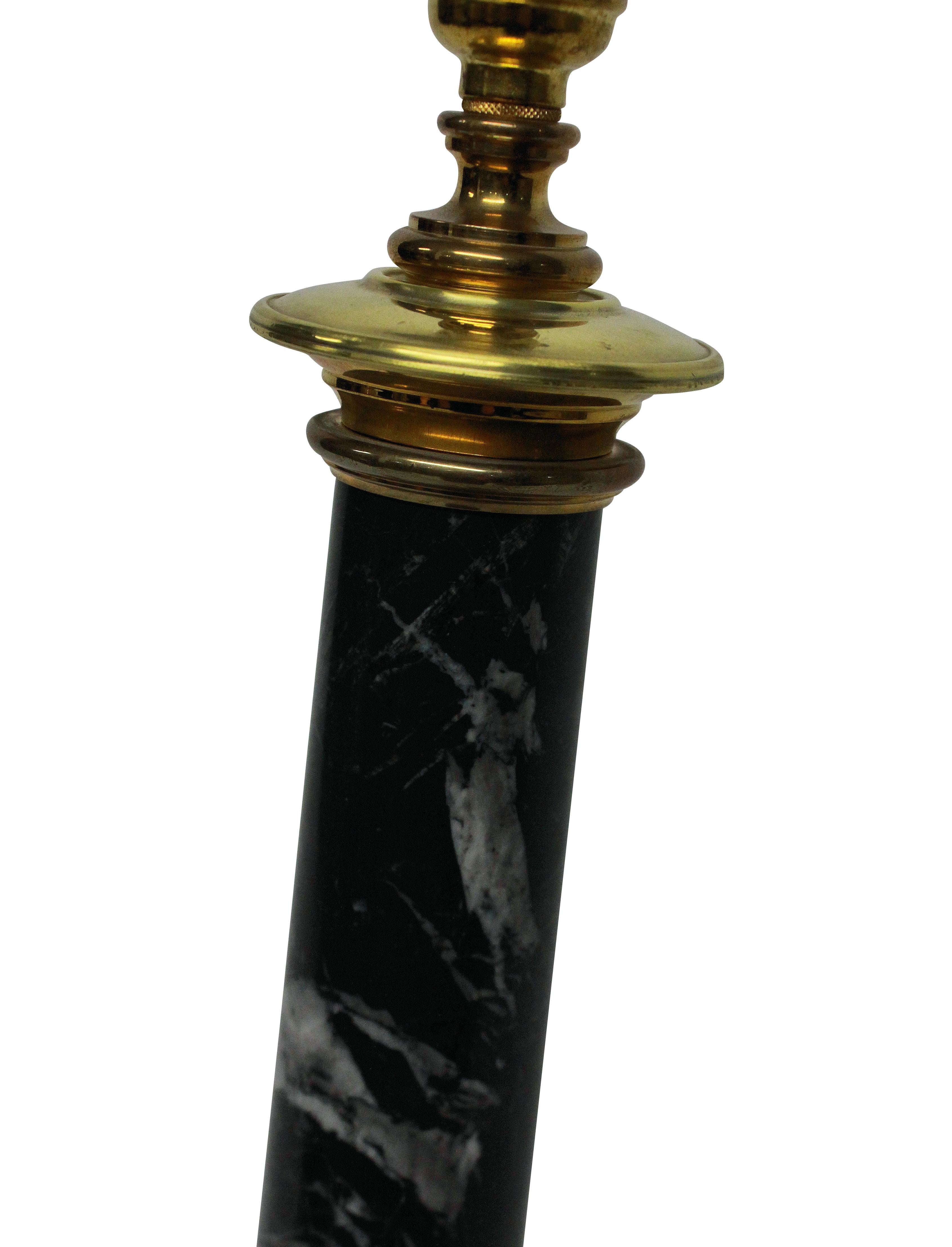 A pair of Italian column lamps in grey Tuscan marble, with gold-plated metal work.