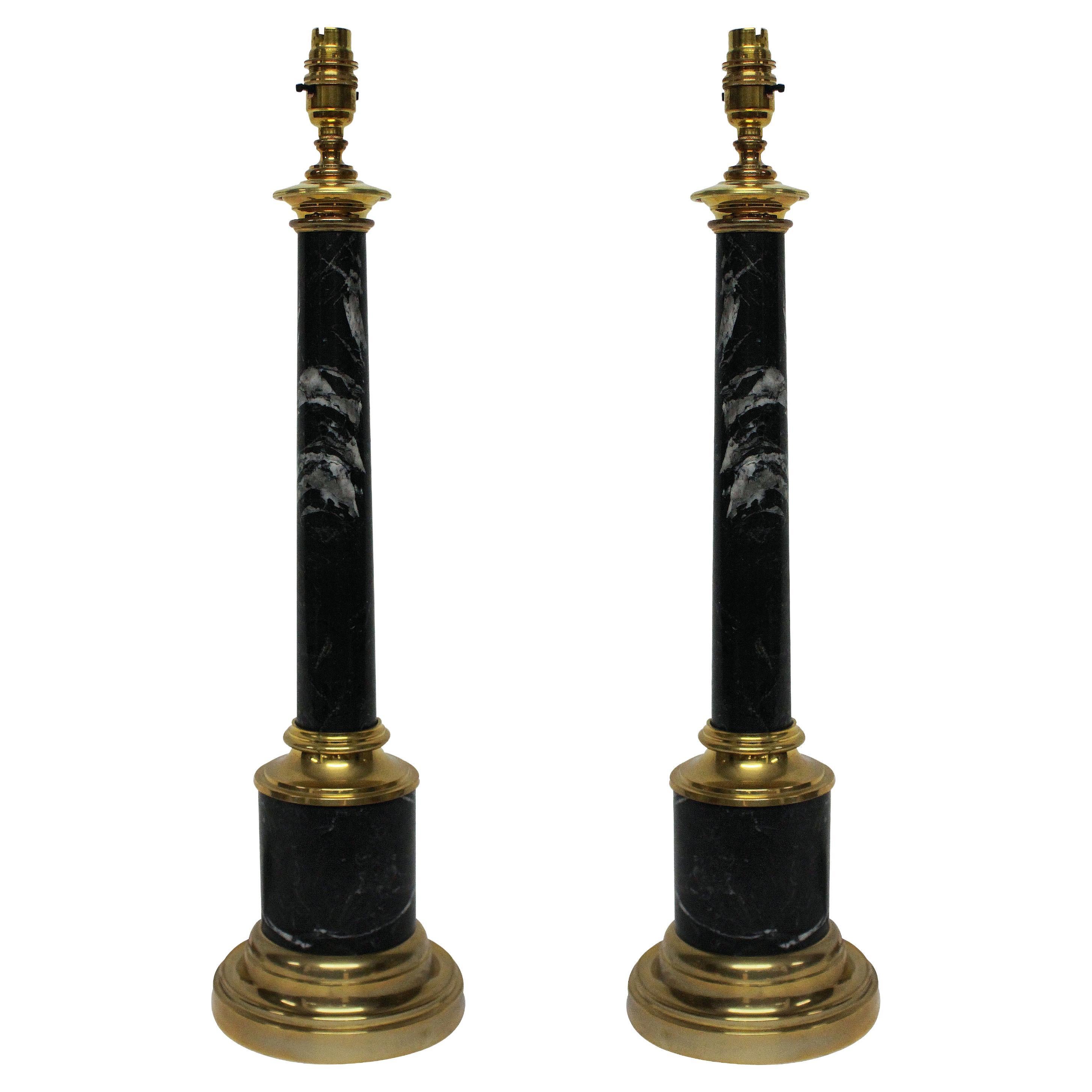 Pair of Grey Tuscan Marble Column Lamps For Sale