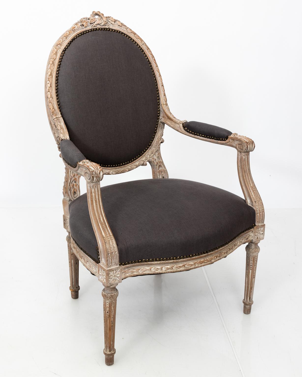 Pair of Grey Upholstered Louis XVI Style Armchairs, circa 1820 3