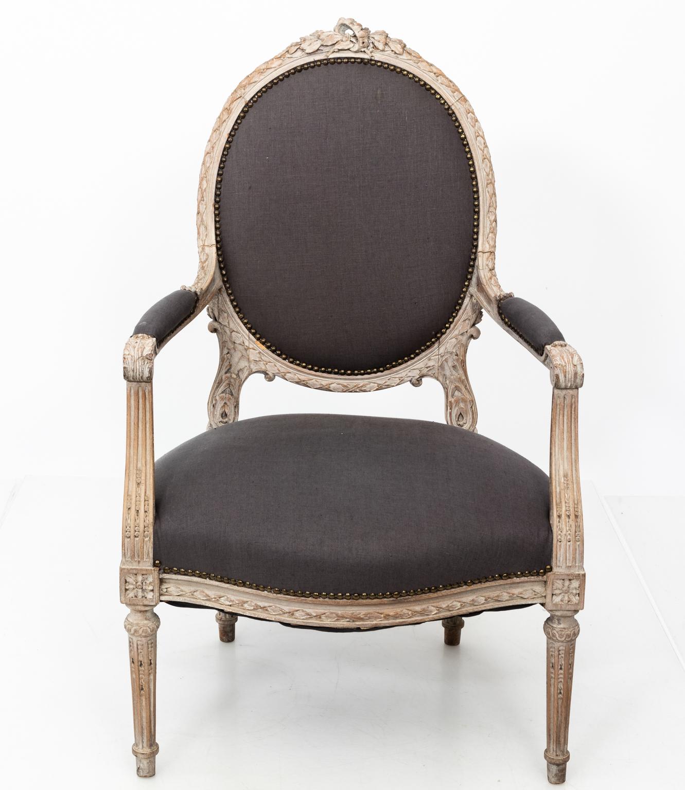 Pair of Grey Upholstered Louis XVI Style Armchairs, circa 1820 8