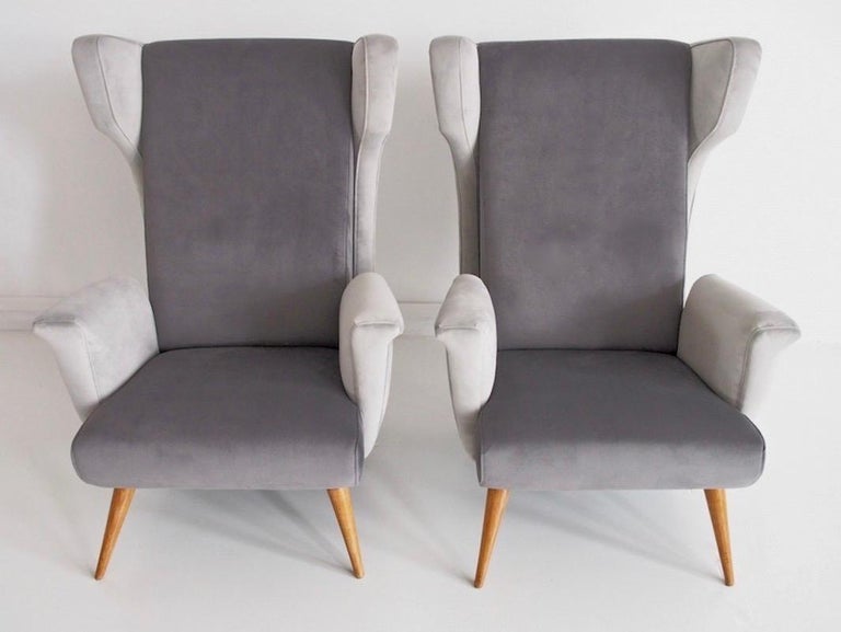 Pair of Grey Velvet Armchairs in the Style of Paolo Buffa For Sale at