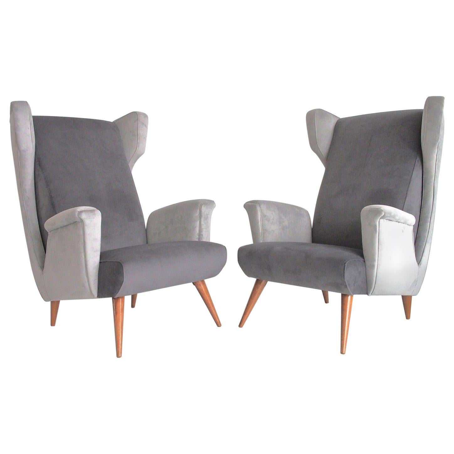 Pair of Grey Velvet Armchairs in the Style of Paolo Buffa For Sale at