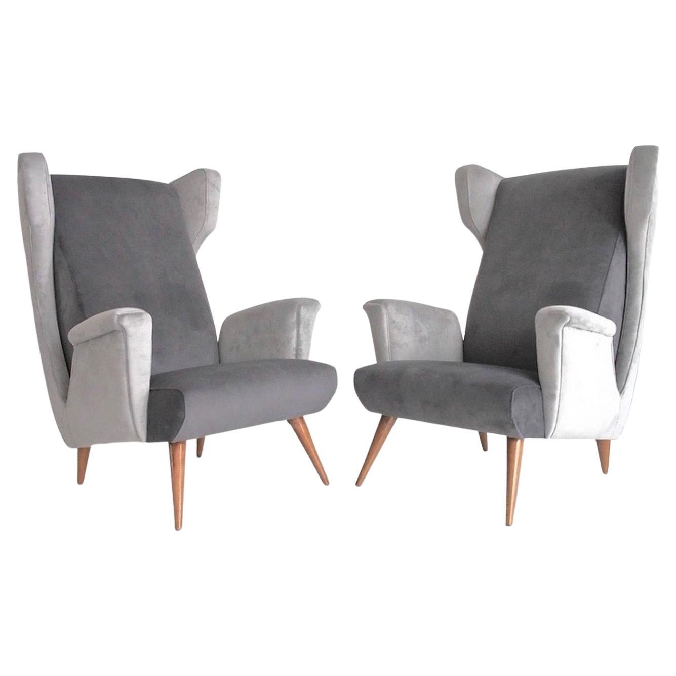 Pair of Grey Velvet Armchairs in the Style of Gio Ponti