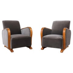 Pair of Grey Velvet Art Deco Lounge Chairs