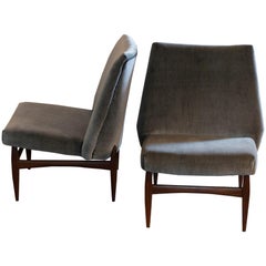 Pair of Grey Velvet Lounge Chairs, Wood Base, Italy, 1950s