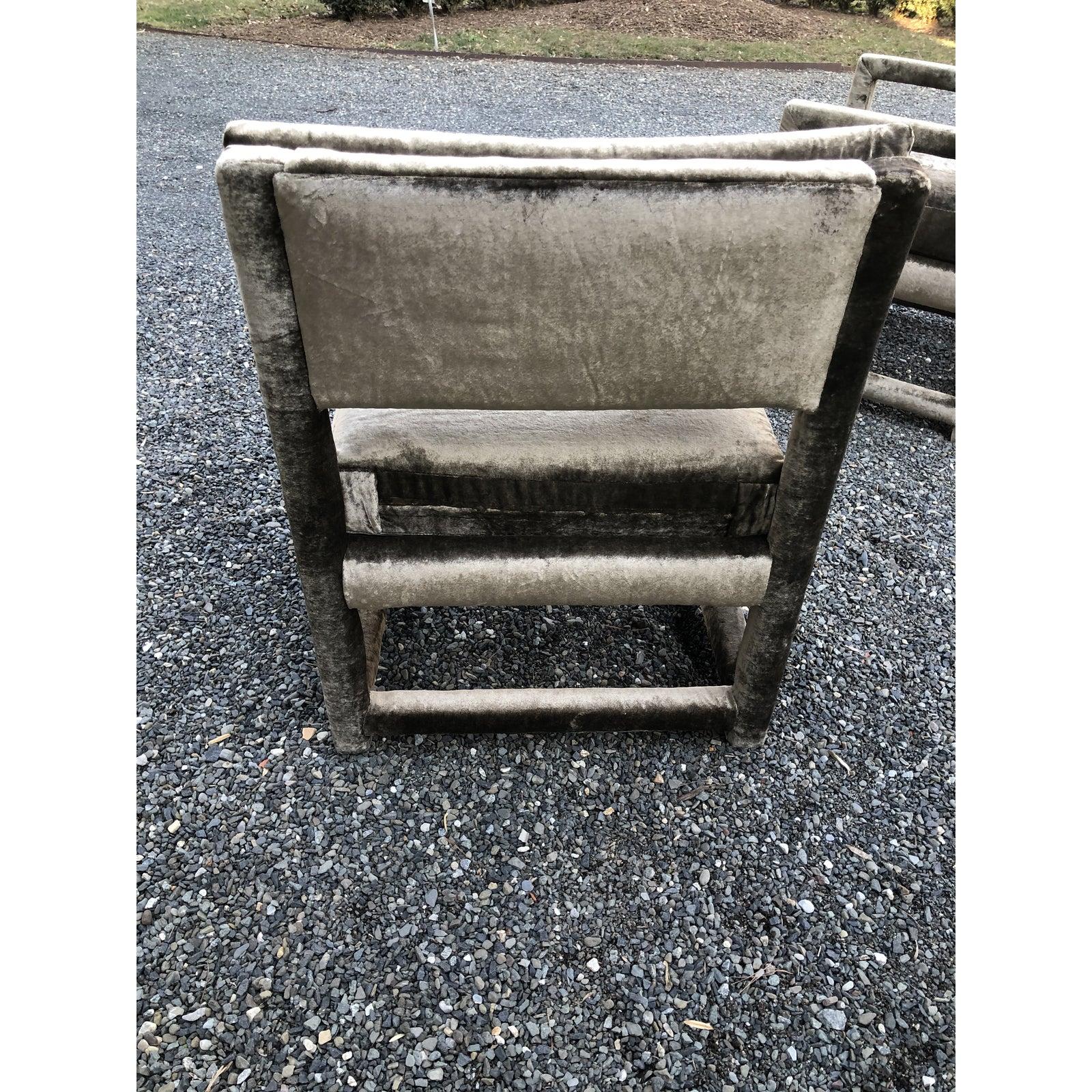 Pair of Grey Velvet Milo Baughman Style Parsons Club Chairs 4