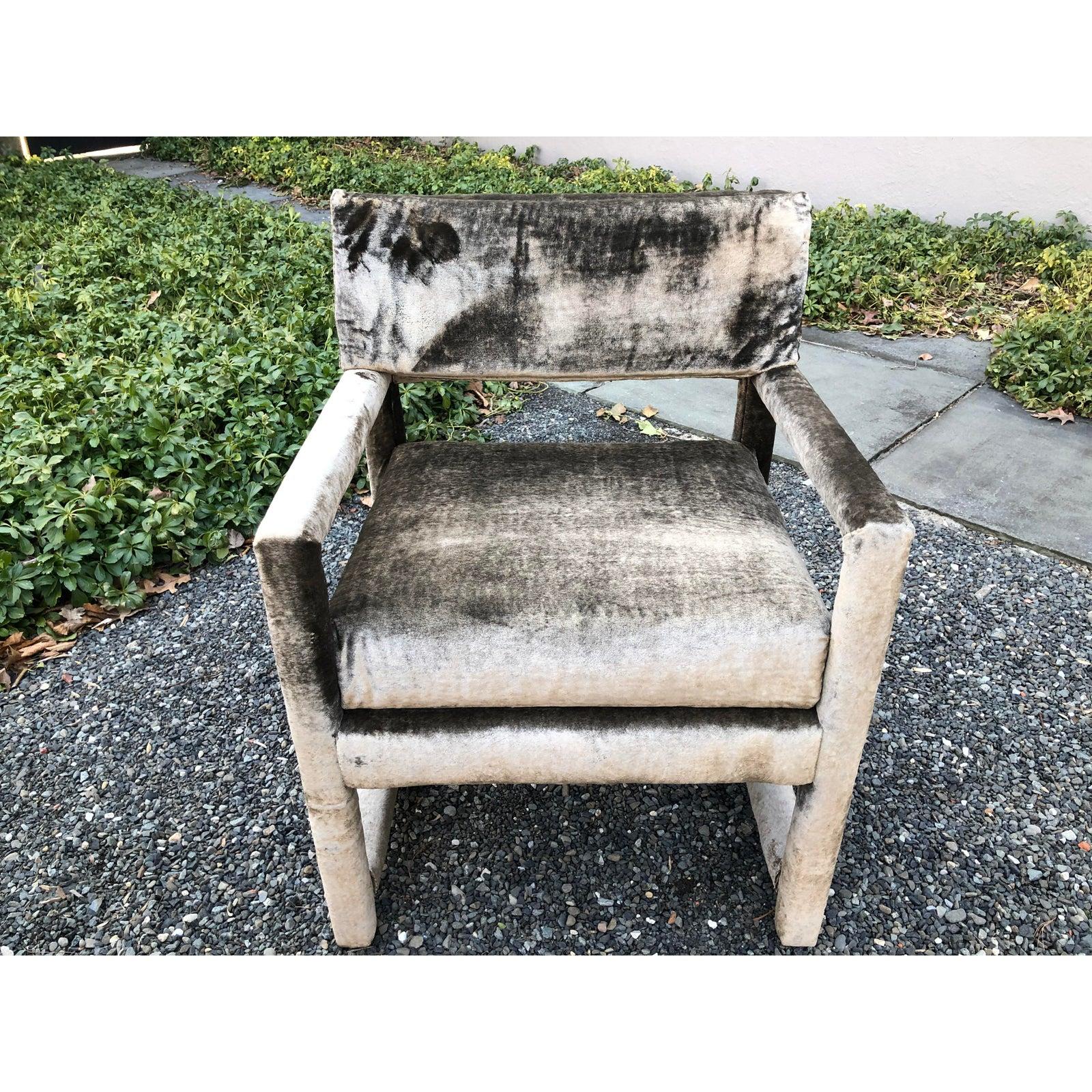 Pair of Grey Velvet Milo Baughman Style Parsons Club Chairs 5