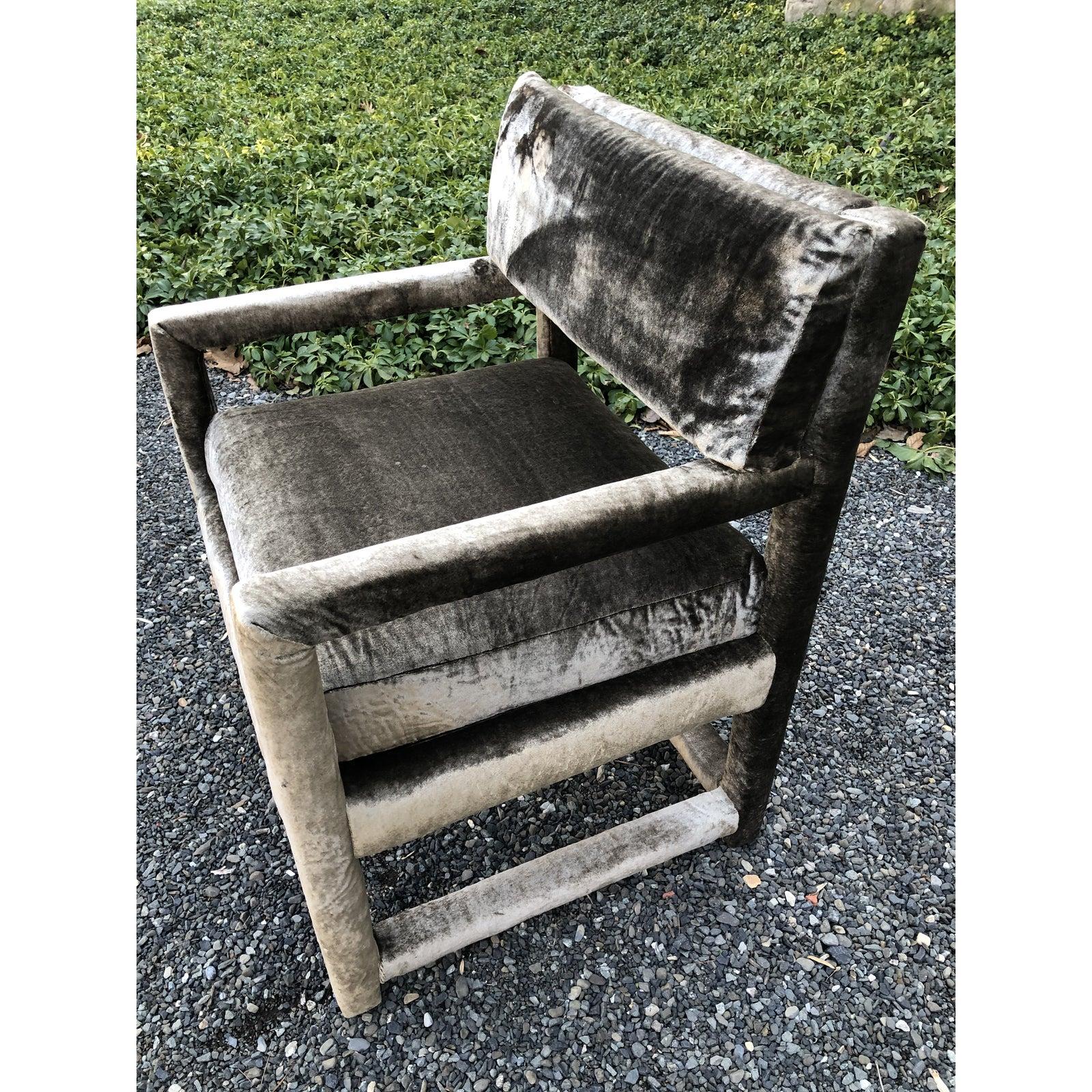 Pair of Grey Velvet Milo Baughman Style Parsons Club Chairs 2