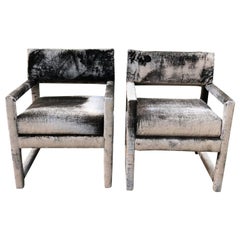 Pair of Grey Velvet Milo Baughman Style Parsons Club Chairs