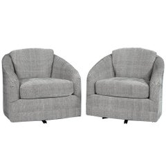 Pair of Grey White Patterned Swivel Lounge Chairs Attributed to Milo Baughman