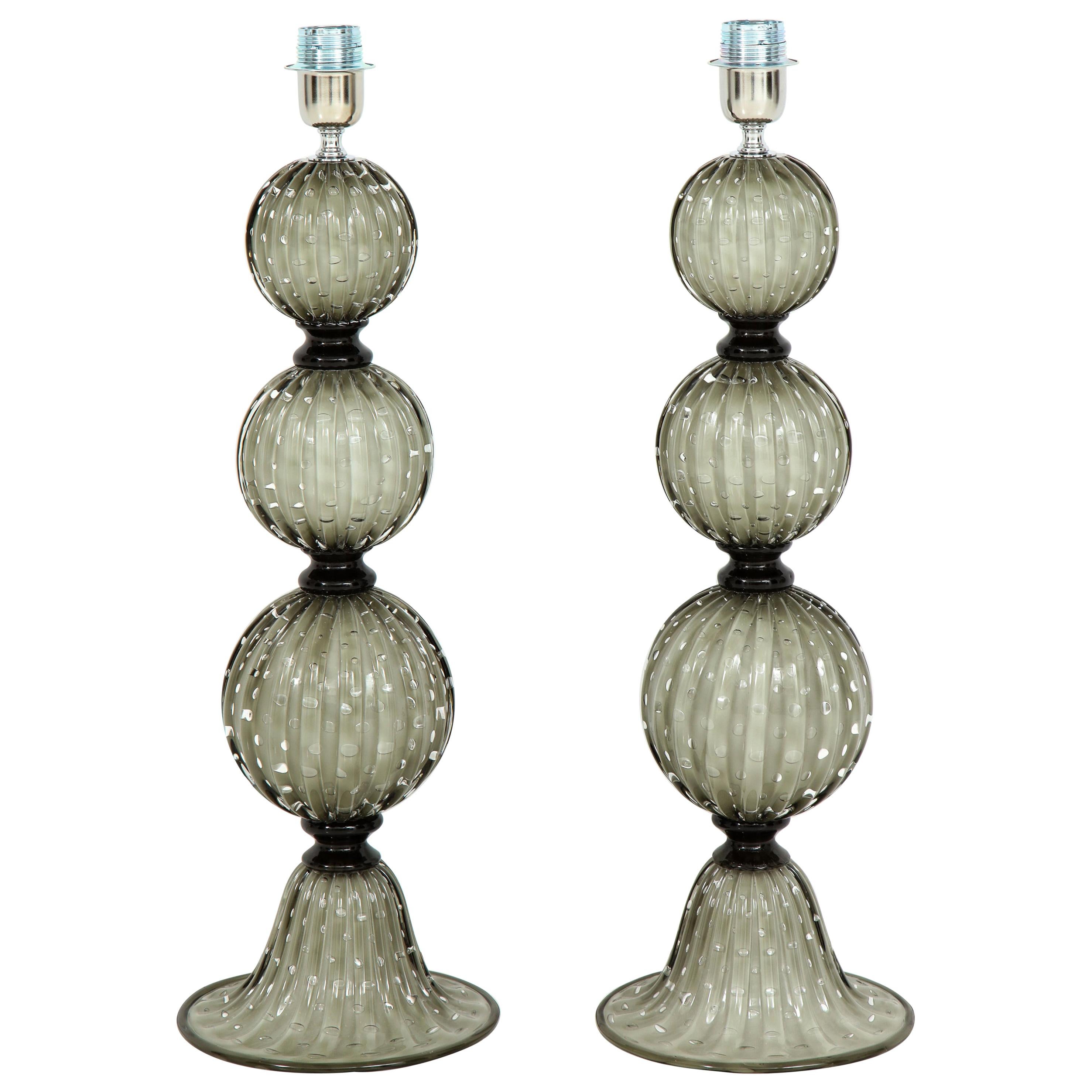 Pair of Grey with Ivory Undertone Murano Glass Lamps, Italy, Signed