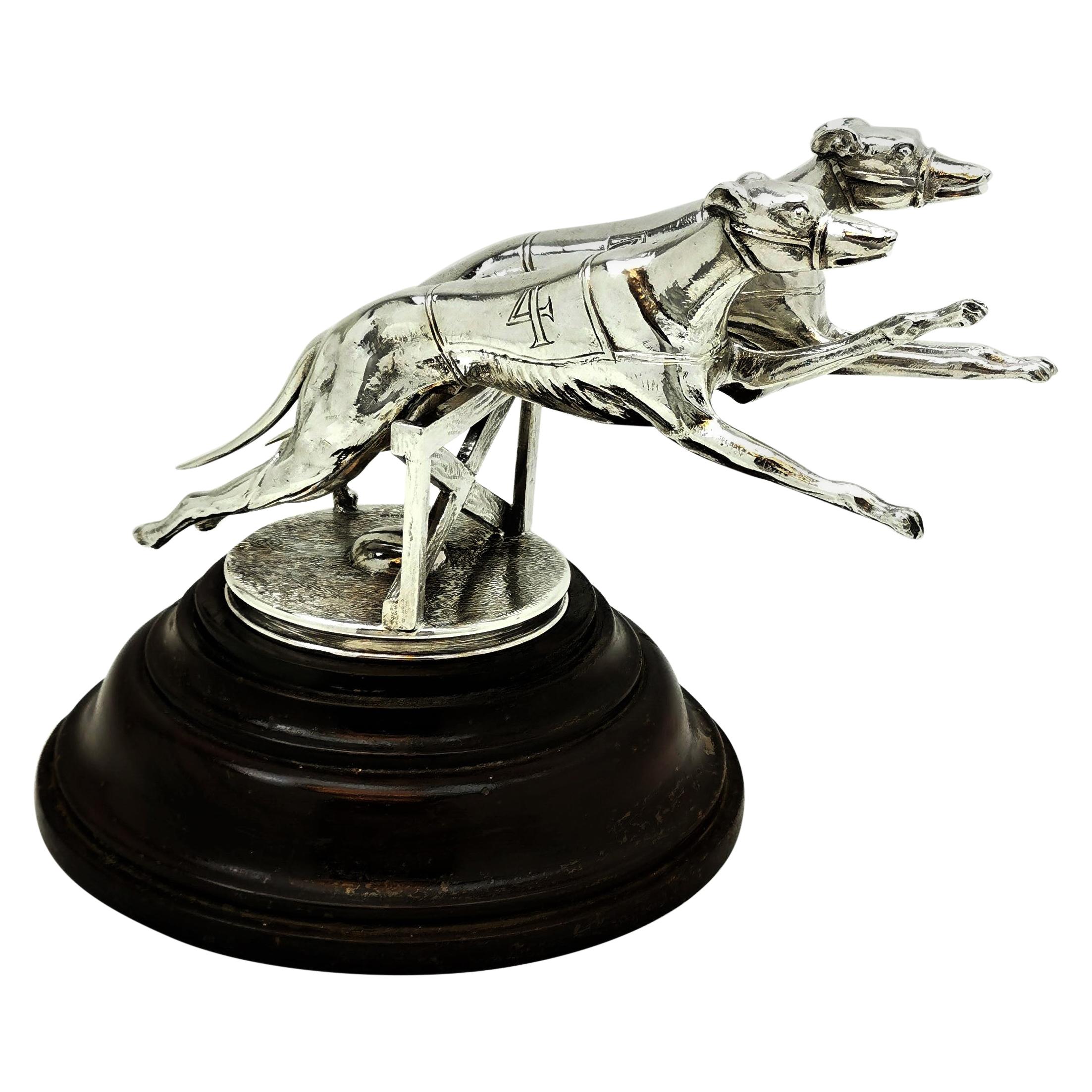 Pair of Greyhound Dogs on Plinth Sterling Silver Model Statue Figures, 1927