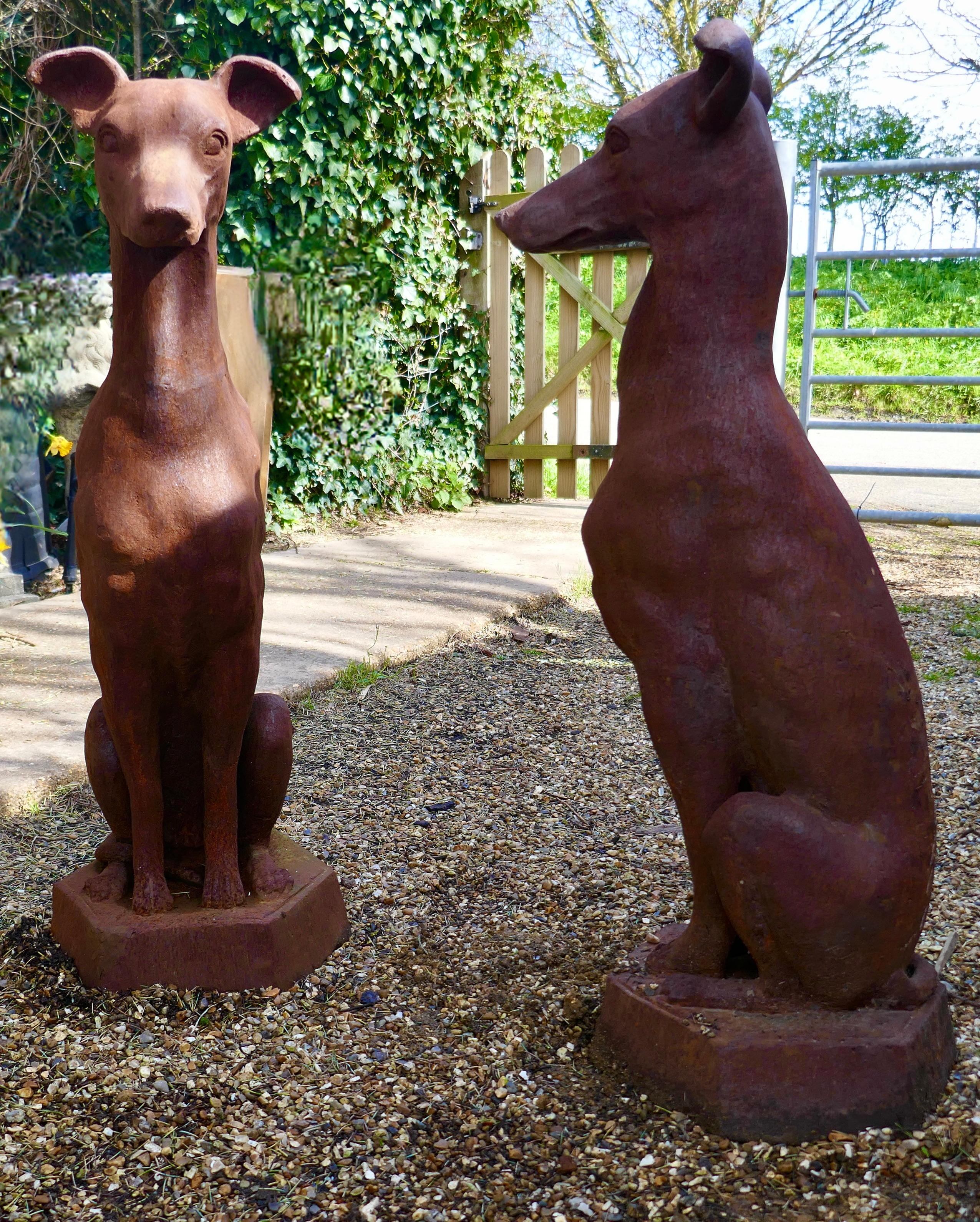 Folk Art Pair of  Greyhound Guard Dogs, Natural Rust Weathered in Cast Iron    For Sale