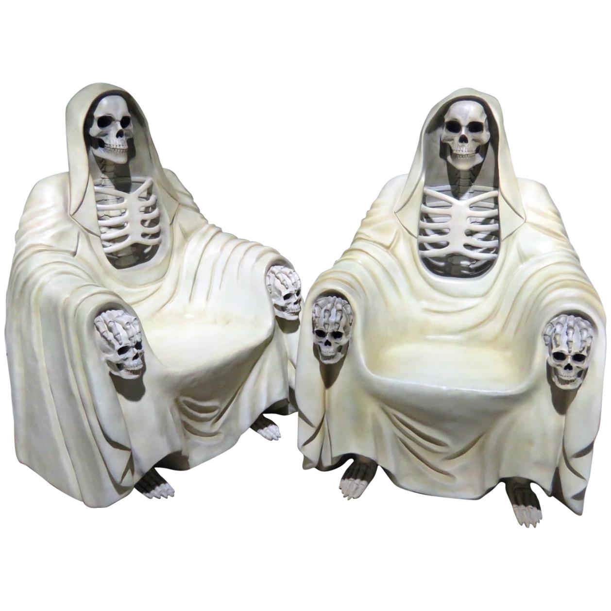 Pair of Clothed Skeleton Grim Reaper Throne Style Club Chairs 