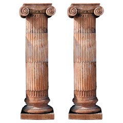 PAIR OF GROOVED IONIC TERRACOTTA COLUMNS H 198 CM WITH TWO CAPITALS 21th Century