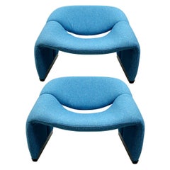 Pair of Groovy Chairs Blue Fabric and Grey Feet by Pierre Paulin for Artifort
