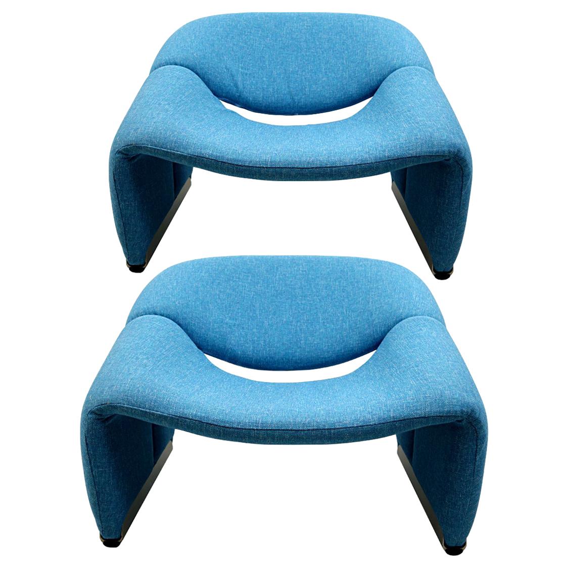 Pair of Groovy Chairs F598 in Blue Fabric by Pierre Paulin for Artifort