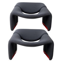 Pair of Groovy Chairs Grey Fabric and Red Feet by Pierre Paulin for Artifort