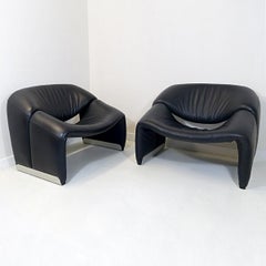 Pair of Groovy Chairs in Black Leather by Pierre Paulin for Artifort