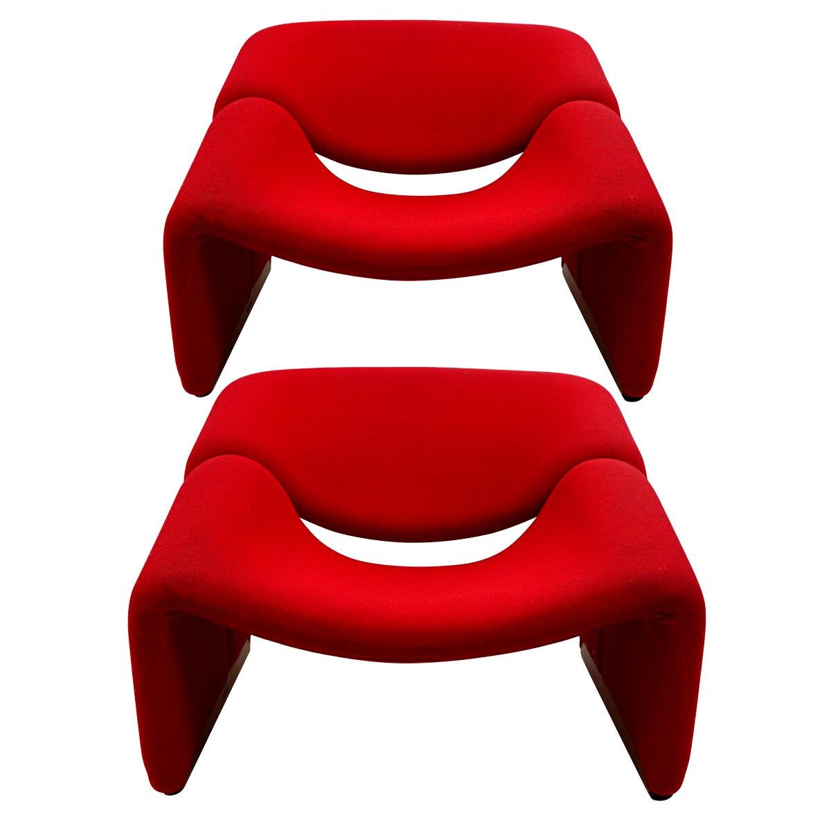 Pair of Groovy Chairs Red Fabric and Grey Feet by Pierre Paulin for Artifort