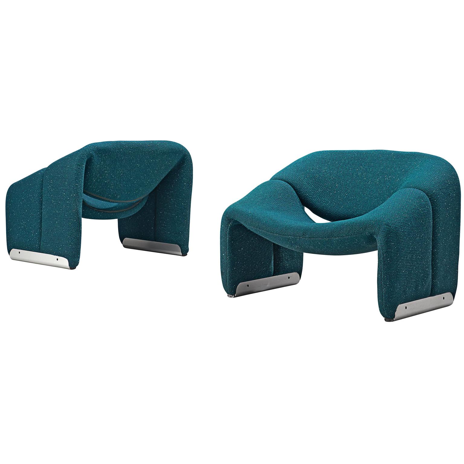 Pair of 'Groovy' Lounge Chairs by Pierre Paulin in Turquoise Fabric