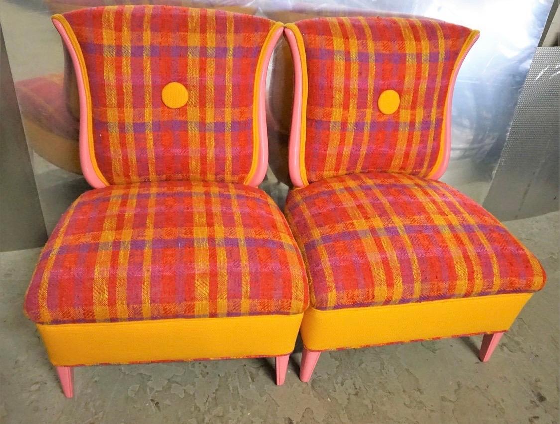 We hope you are not afraid of a splash of color! These slipper chairs are done in a melon colored Irish wool and a plaid Daniel Cooper fabric. Both fabrics are vintage and from the 1950s. The chairs have moderate wear, see pics. Now, more than ever,