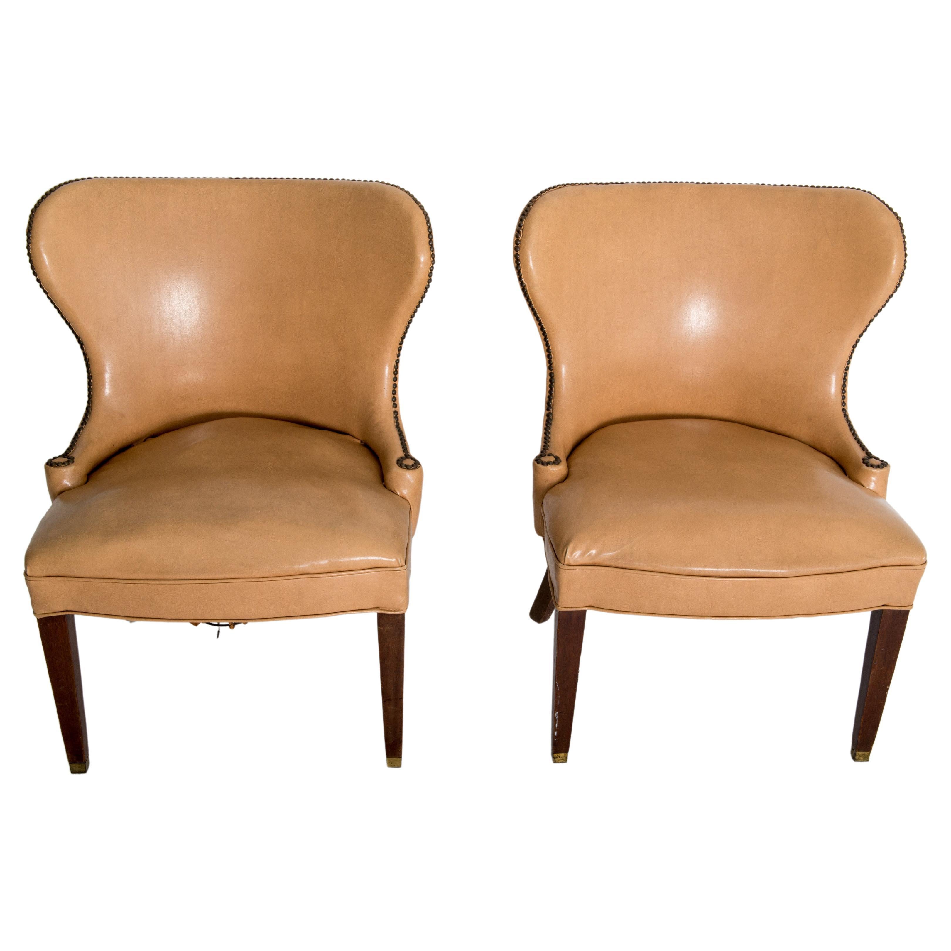 Pair of Grosfeld House Beige Faux Leather Club Chairs For Sale