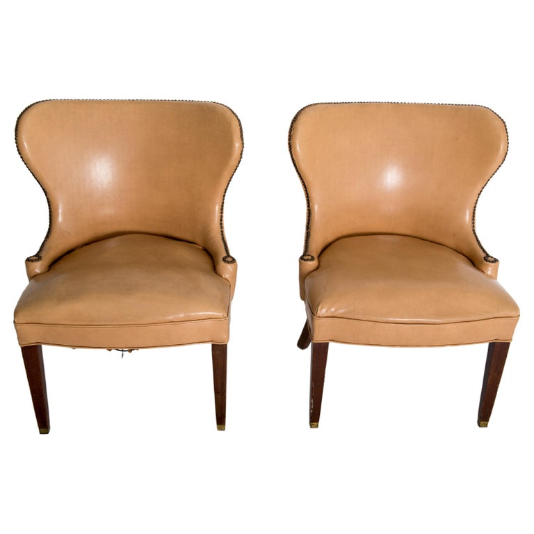 Pair of Grosfeld House Beige Faux Leather Club Chairs For Sale at 1stDibs