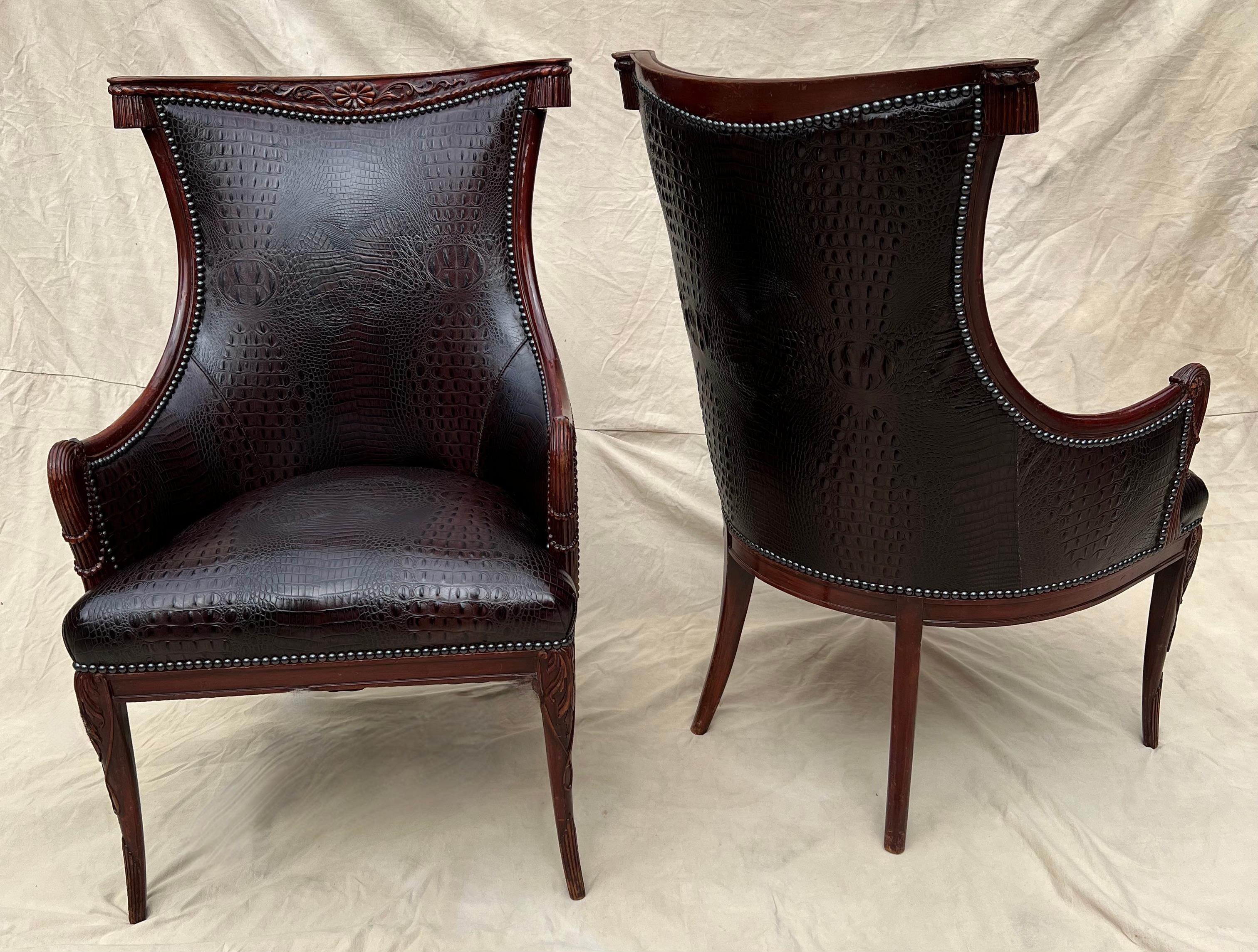 Pair Grosfeld House Chairs in Crocodile Leather and Nail Head Details For Sale 3
