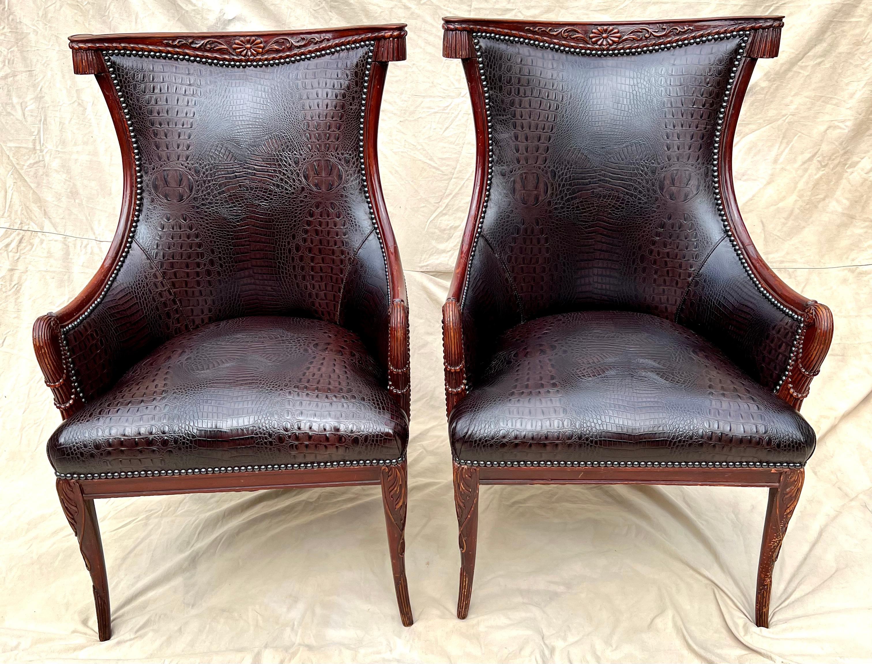 Pair Grosfeld House Chairs in Crocodile Leather and Nail Head Details For Sale 4