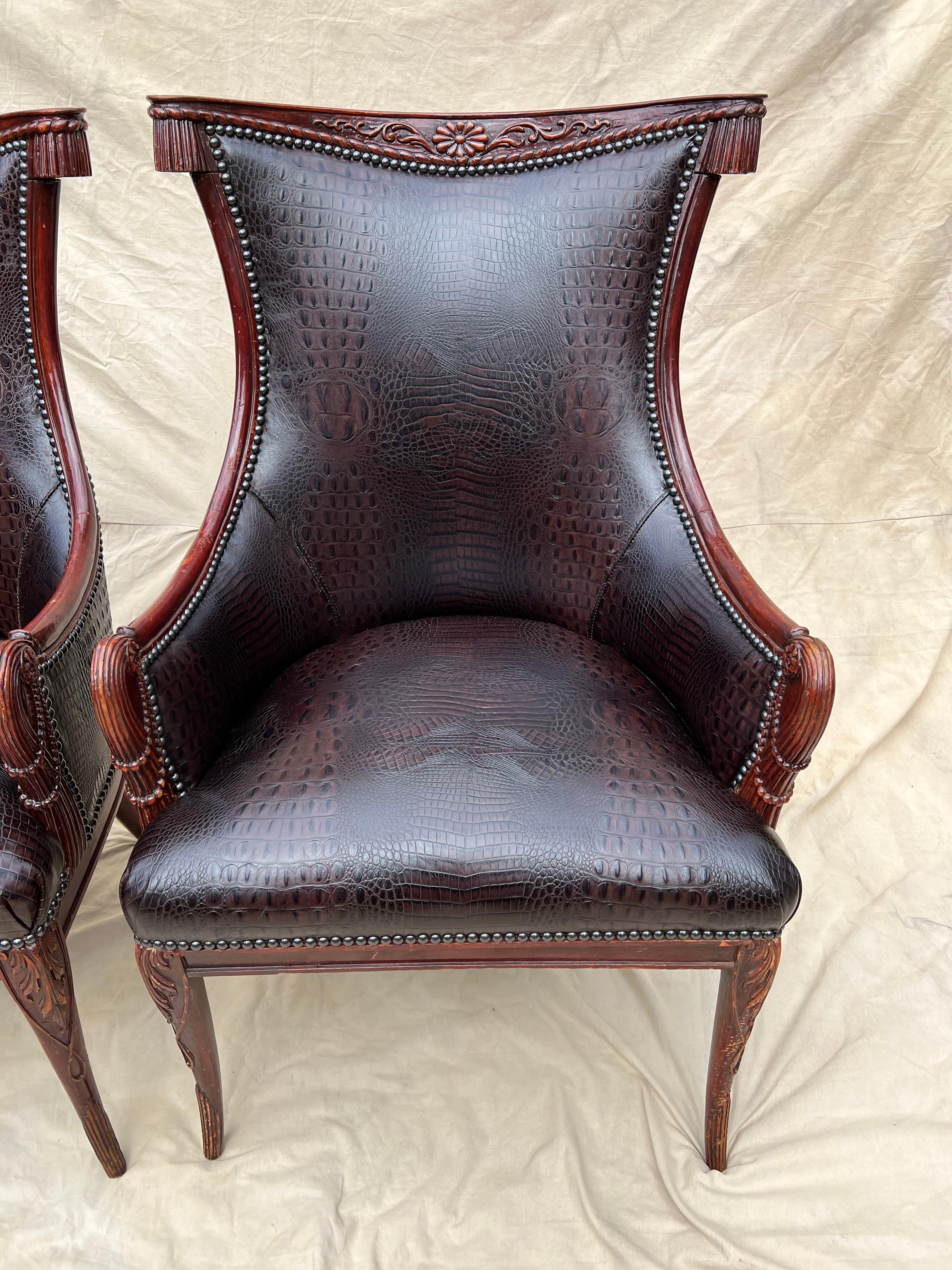 Pair Grosfeld House Chairs in Crocodile Leather and Nail Head Details For Sale 5