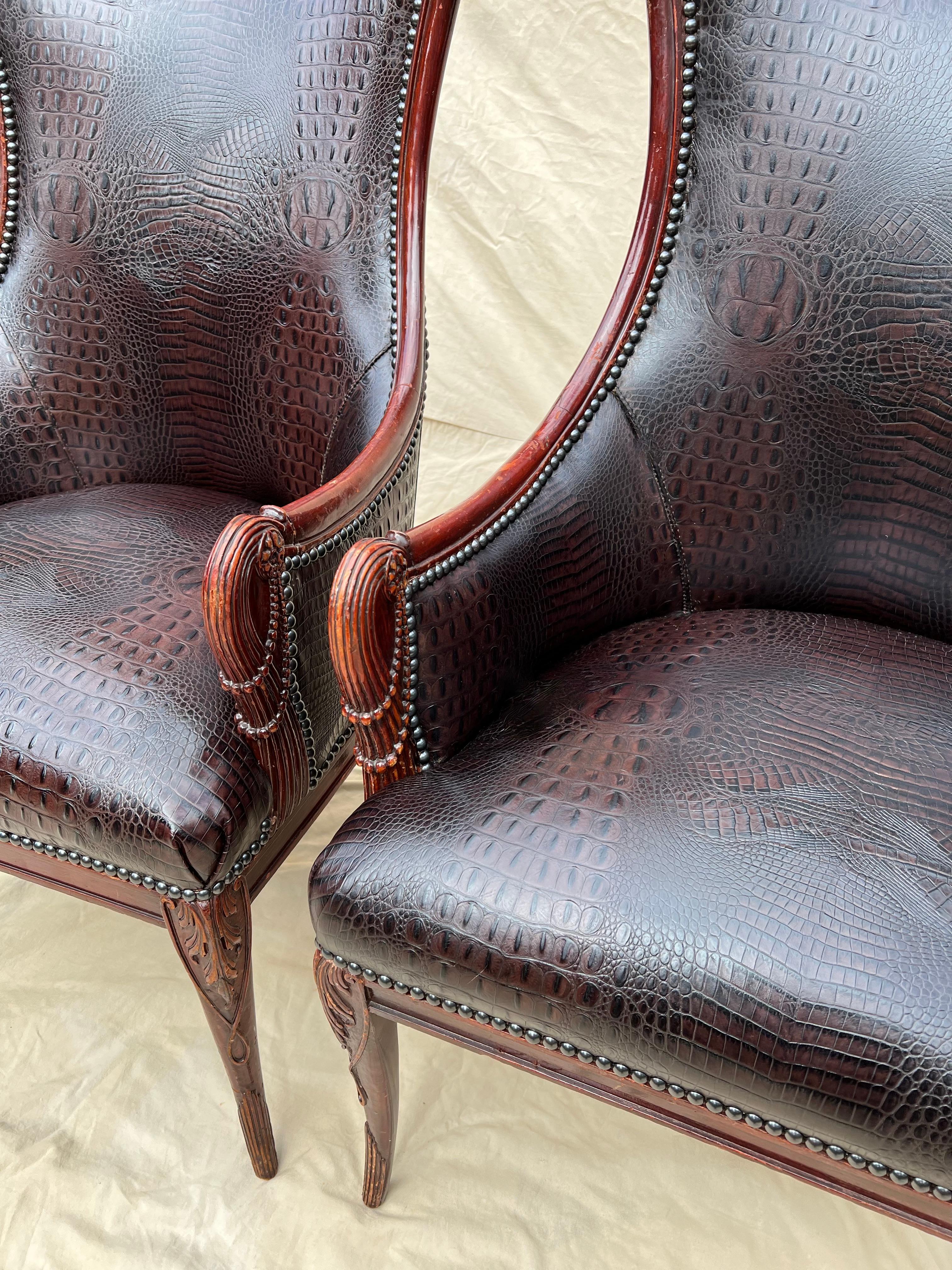 Pair Grosfeld House Chairs in Crocodile Leather and Nail Head Details For Sale 6