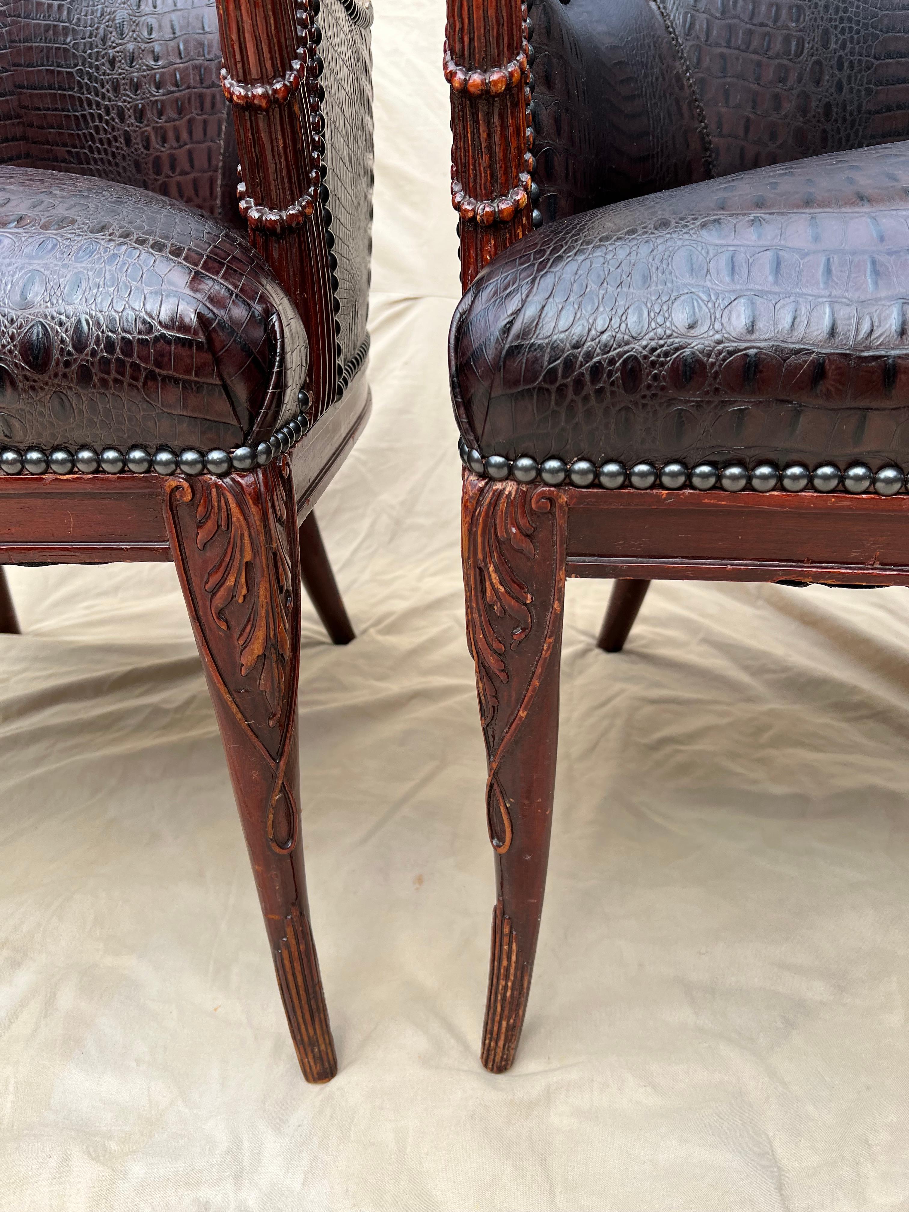Pair Grosfeld House Chairs in Crocodile Leather and Nail Head Details For Sale 7