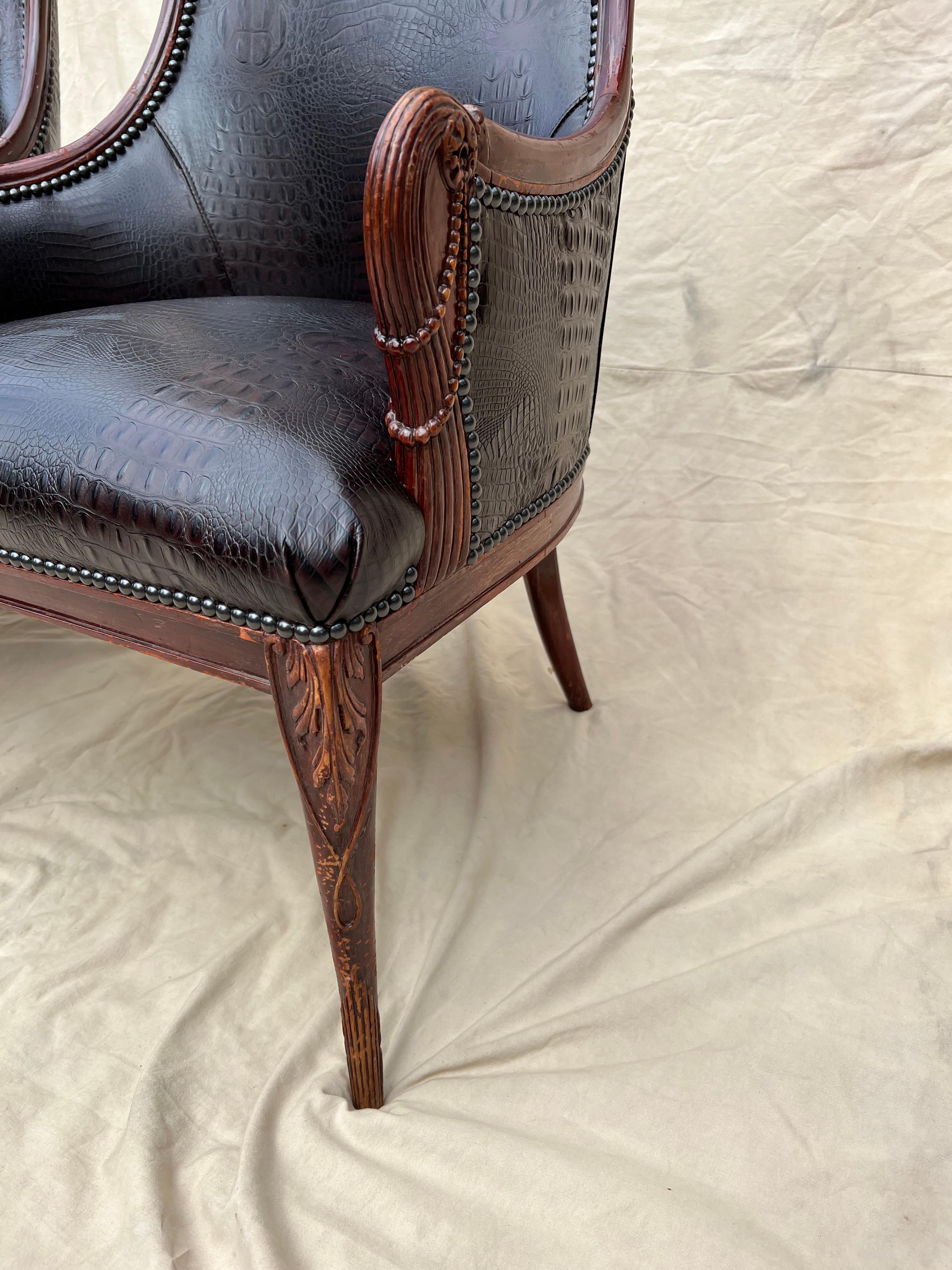 Pair Grosfeld House Chairs in Crocodile Leather and Nail Head Details For Sale 8