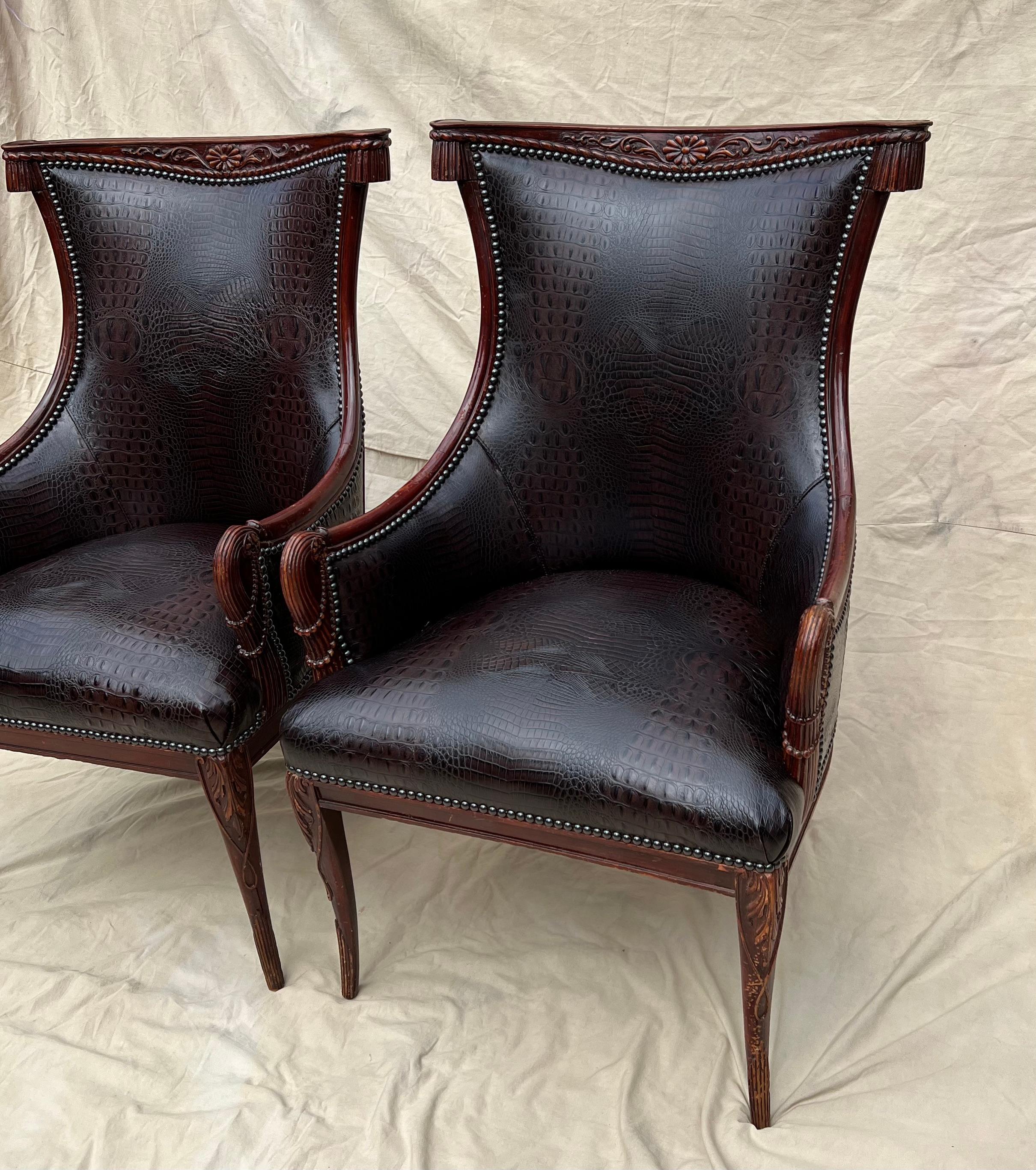 Pair Grosfeld House Chairs in Crocodile Leather and Nail Head Details For Sale 9
