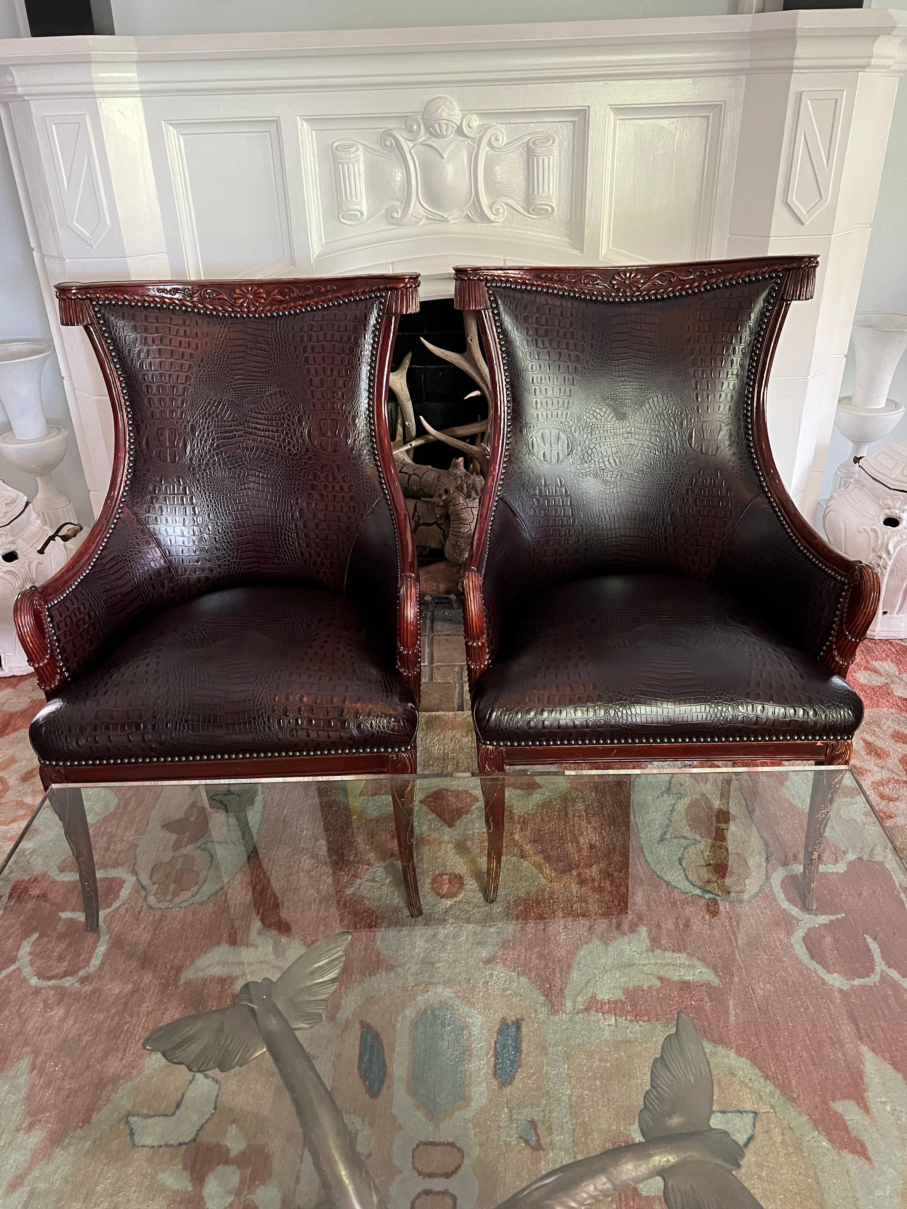 Pair Grosfeld House Chairs in Crocodile Leather and Nail Head Details For Sale 10